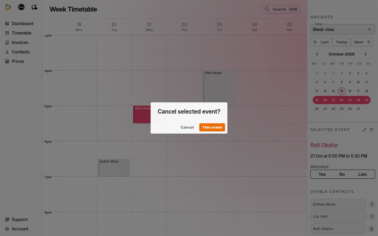 The Cancel selected event? dialog for a lesson that is not invoiced, with Cancel and This event buttons