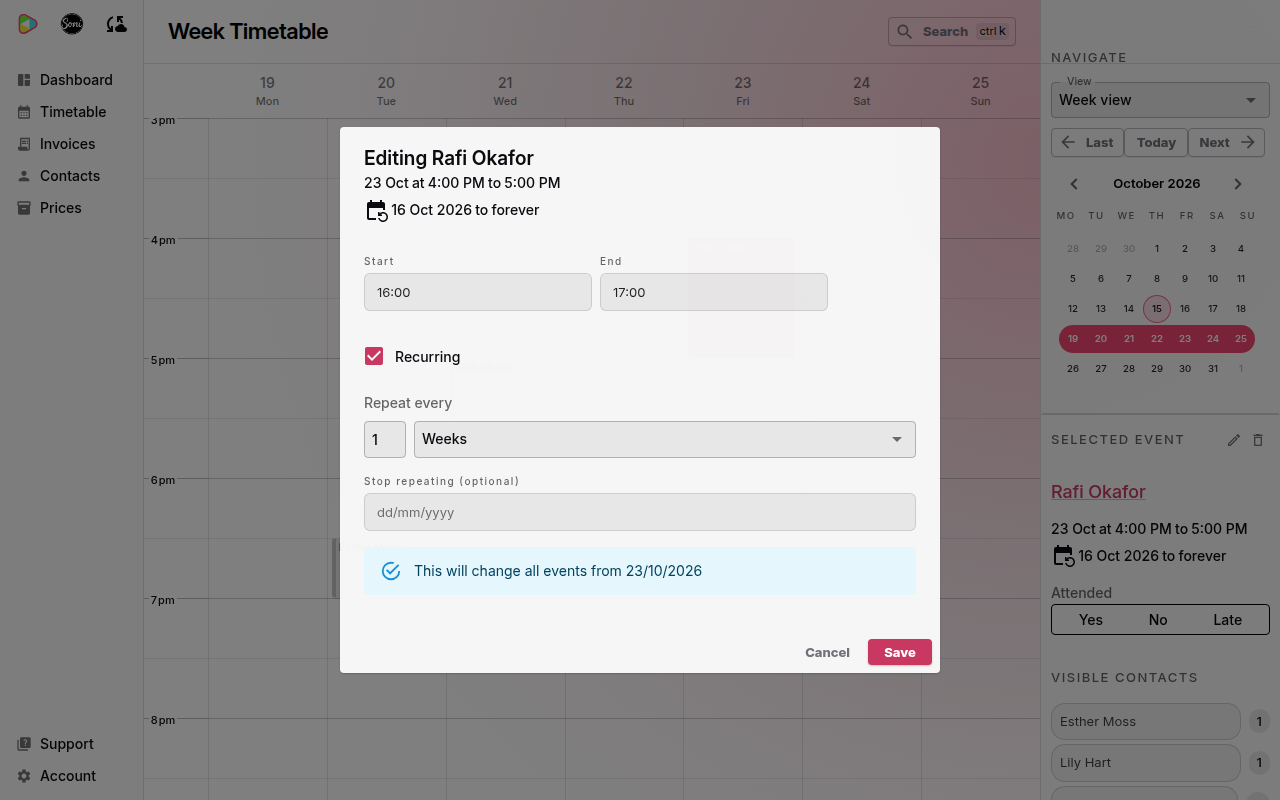 The Editing Rafi Okafor dialog with Start, End, Recurring and Repeat every fields, and the note “This will change all events from 23/10/2026”