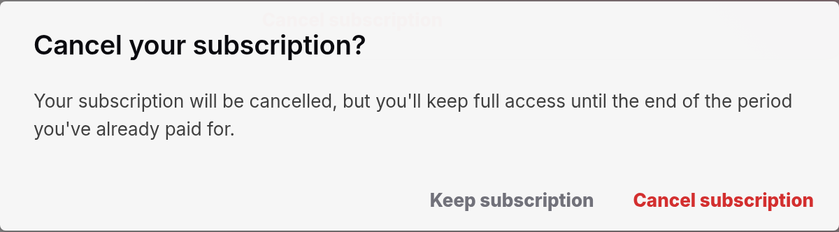 The Cancel your subscription dialog with Keep subscription and Cancel subscription buttons