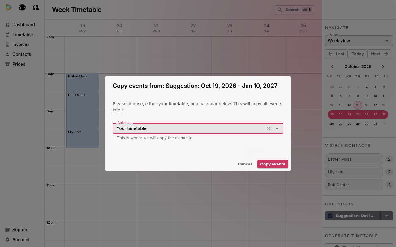 The Copy events dialog with Your timetable chosen as the calendar