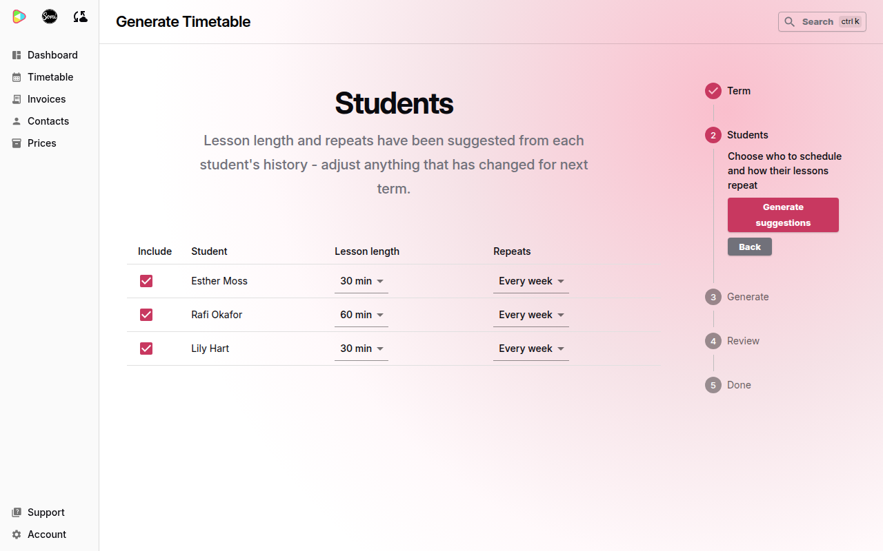 The Students step with a table of students, each with Include, Lesson length and Repeats