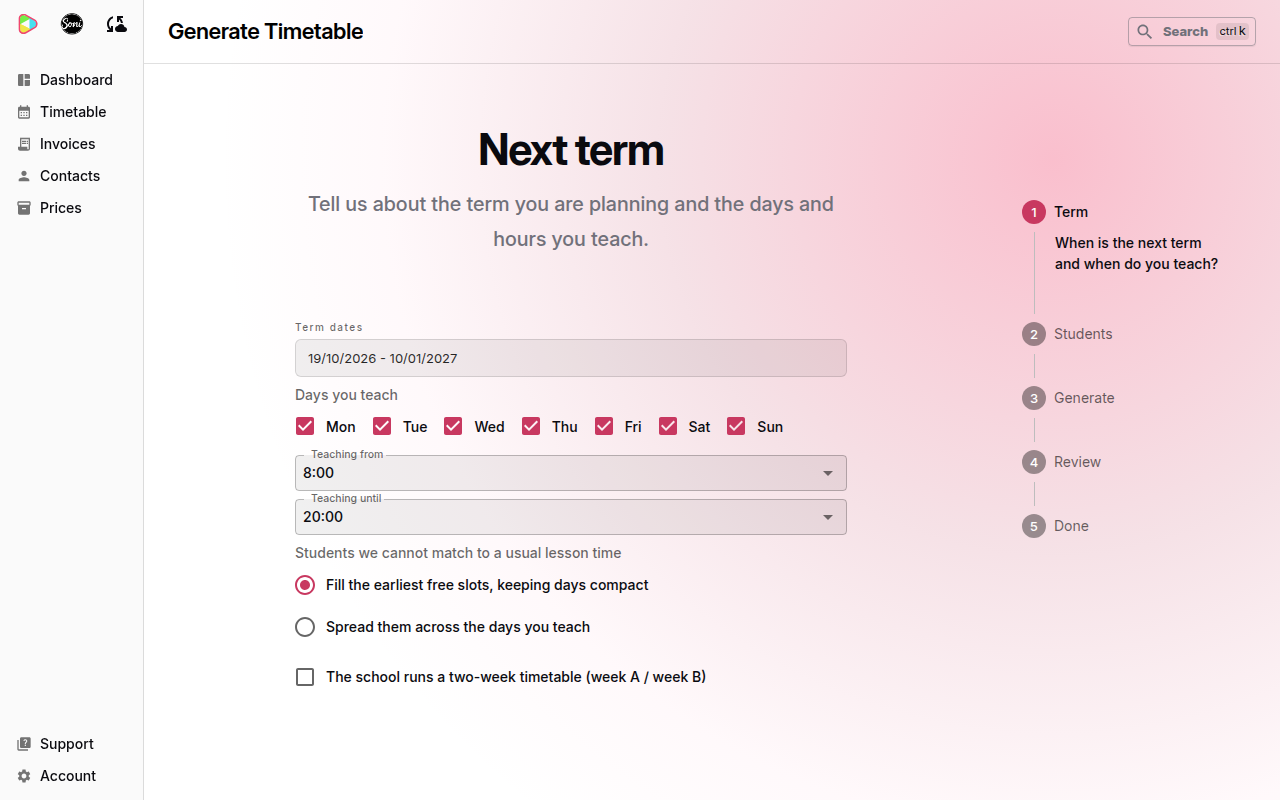 The Next term step with Term dates, Days you teach, Teaching from, Teaching until, and the options for students without a usual lesson time