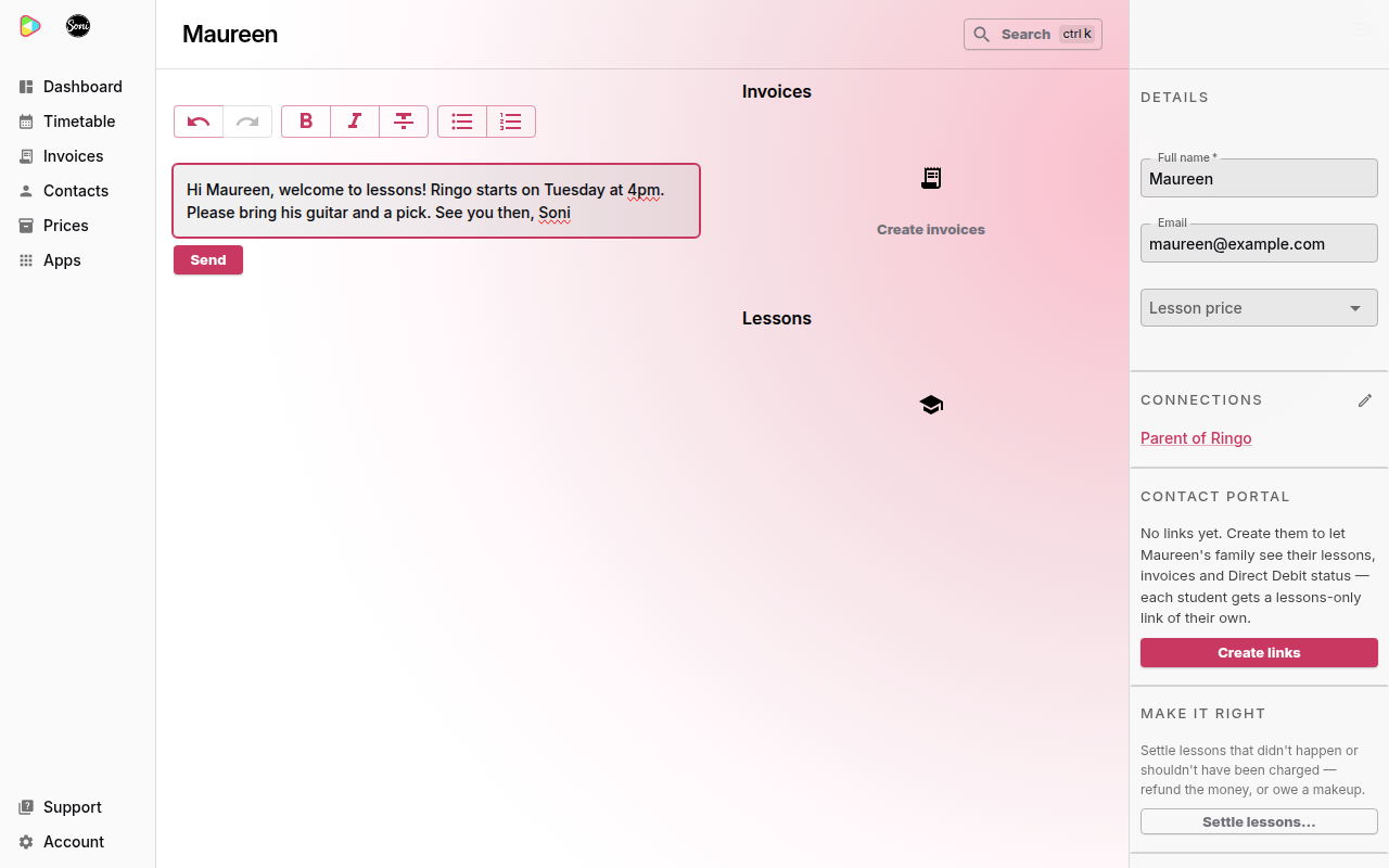 Maureen’s contact page with a welcome message typed in the message box and the Send button below it