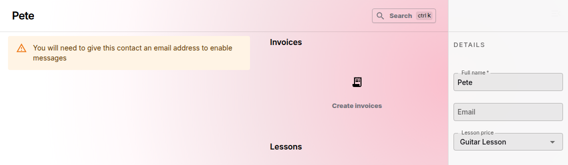 Pete’s contact page with the warning about a missing email address and an empty Email field in the Details section