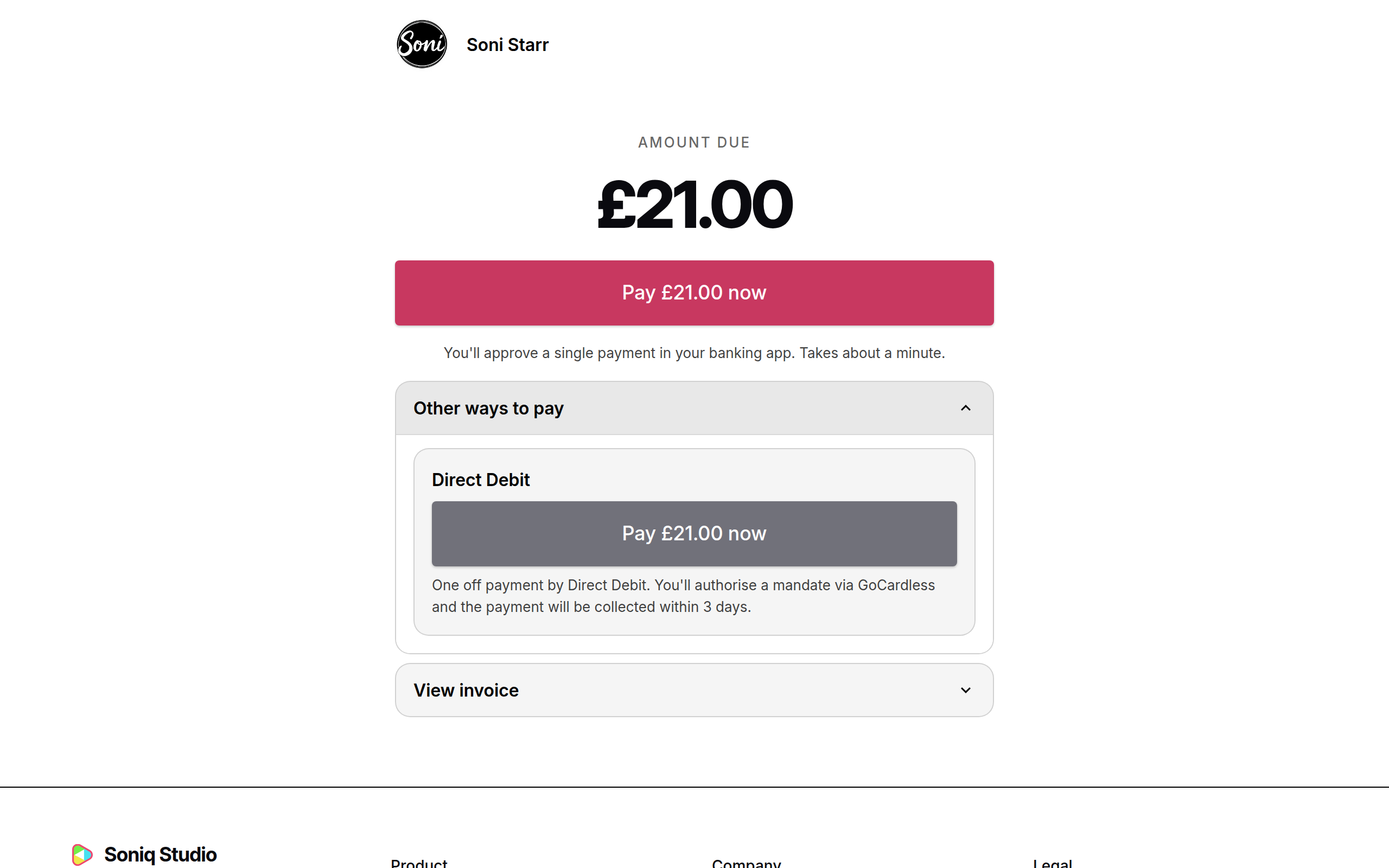 The student’s payment page with Pay by Bank as the main button and Direct Debit under Other ways to pay